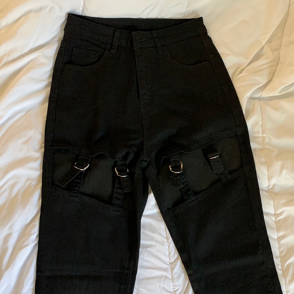 SHEIN High Waist Cut Out Buckle Skinny Jeans